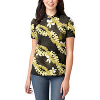 Puakenikeni Maile Lei Women Polo Shirt Frangipani Yellow Tropical Leaves