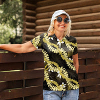 Puakenikeni Maile Lei Women Polo Shirt Frangipani Yellow Tropical Leaves