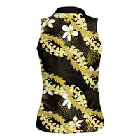 Puakenikeni Maile Lei Women Sleeveless Polo Shirt Frangipani Yellow Tropical Leaves