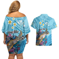 Personalized Hawaii Sea Turtle Couples Matching Off Shoulder Short Dress and Hawaiian Shirt Hawaii Map Ocean Vibes