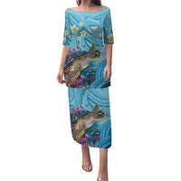 Personalized Hawaii Sea Turtle Puletasi Hawaii Map Ocean Vibes LT01 Long Dress Blue - Polynesian Pride