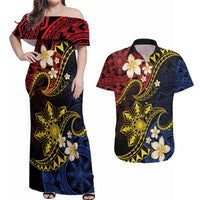 Philippines Spirit Tribal Sun Plumeria Couples Matching Off Shoulder Maxi Dress and Hawaiian Shirt Red And Blue Polynesian Pattern