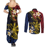 Philippines Spirit Tribal Sun Plumeria Couples Matching Summer Maxi Dress and Long Sleeve Button Shirt Red And Blue Polynesian Pattern