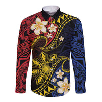 Philippines Spirit Tribal Sun Plumeria Long Sleeve Button Shirt Red And Blue Polynesian Pattern