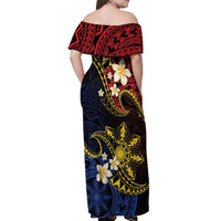 Philippines Spirit Tribal Sun Plumeria Off Shoulder Maxi Dress Red And Blue Polynesian Pattern
