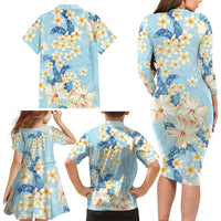 Hawaii Hibiscus Plumeria Blue Family Matching Long Sleeve Bodycon Dress and Hawaiian Shirt Polynesian Pattern