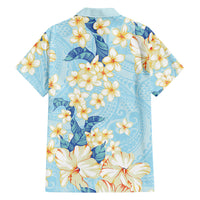 Hawaii Hibiscus Plumeria Blue Family Matching Long Sleeve Bodycon Dress and Hawaiian Shirt Polynesian Pattern