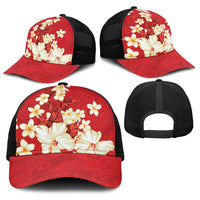 Hawaii Hibiscus Plumeria Red Baseball Net Cap Polynesian Pattern