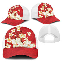 Hawaii Hibiscus Plumeria Red Baseball Net Cap Polynesian Pattern