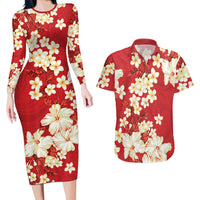 Hawaii Hibiscus Plumeria Red Couples Matching Long Sleeve Bodycon Dress and Hawaiian Shirt Polynesian Pattern