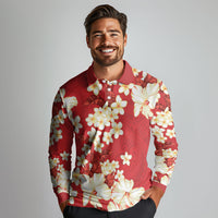 Hawaii Hibiscus Plumeria Red Long Sleeve Polo Shirt Polynesian Pattern LT01 - Polynesian Pride