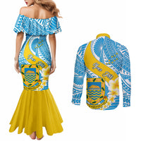 personalised-tuvalu-independence-day-couples-matching-mermaid-dress-and-long-sleeve-button-shirts-plumeria-45th-anniversary