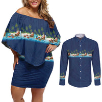 Hawaii Santa Riding Sea Turtle Couples Matching Off Shoulder Short Dress and Long Sleeve Button Shirt Mele Kalikimaka Polynesian Pattern - Polynesian Pride
