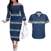 Hawaii Santa Riding Sea Turtle Couples Matching Off The Shoulder Long Sleeve Dress and Hawaiian Shirt Mele Kalikimaka Polynesian Pattern - Polynesian Pride