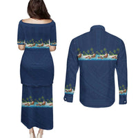 Hawaii Santa Riding Sea Turtle Couples Matching Puletasi and Long Sleeve Button Shirt Mele Kalikimaka Polynesian Pattern - Polynesian Pride