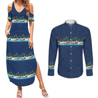 Hawaii Santa Riding Sea Turtle Couples Matching Summer Maxi Dress and Long Sleeve Button Shirt Mele Kalikimaka Polynesian Pattern - Polynesian Pride