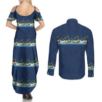 Hawaii Santa Riding Sea Turtle Couples Matching Summer Maxi Dress and Long Sleeve Button Shirt Mele Kalikimaka Polynesian Pattern - Polynesian Pride
