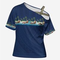 Hawaii Santa Riding Sea Turtle Cross Shoulder Shirt Mele Kalikimaka Polynesian Pattern - Polynesian Pride