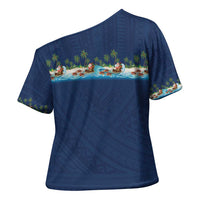 Hawaii Santa Riding Sea Turtle Cross Shoulder Shirt Mele Kalikimaka Polynesian Pattern - Polynesian Pride