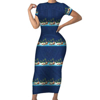Hawaii Santa Riding Sea Turtle Family Matching Short Sleeve Bodycon Dress and Hawaiian Shirt Mele Kalikimaka Polynesian Pattern - Polynesian Pride