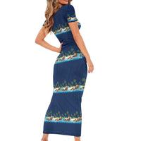 Hawaii Santa Riding Sea Turtle Family Matching Short Sleeve Bodycon Dress and Hawaiian Shirt Mele Kalikimaka Polynesian Pattern - Polynesian Pride