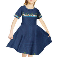Hawaii Santa Riding Sea Turtle Kid Short Sleeve Dress Mele Kalikimaka Polynesian Pattern - Polynesian Pride