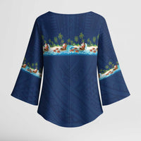 Hawaii Santa Riding Sea Turtle Kimono Sleeve Blouse Mele Kalikimaka Polynesian Pattern - Polynesian Pride