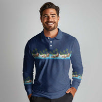 Hawaii Santa Riding Sea Turtle Long Sleeve Polo Shirt Mele Kalikimaka Polynesian Pattern - Polynesian Pride