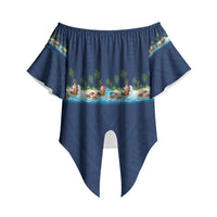 Hawaii Santa Riding Sea Turtle Off Shoulder Wrap Waist Top Mele Kalikimaka Polynesian Pattern LT01 Blue - Polynesian Pride