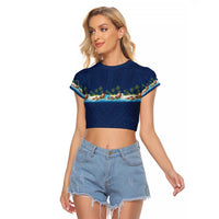 Hawaii Santa Riding Sea Turtle Raglan Cropped T Shirt Mele Kalikimaka Polynesian Pattern LT01 Female Blue - Polynesian Pride