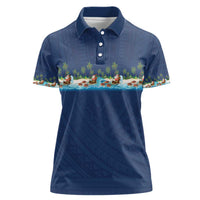 Hawaii Santa Riding Sea Turtle Women Polo Shirt Mele Kalikimaka Polynesian Pattern - Polynesian Pride
