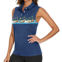 Hawaii Santa Riding Sea Turtle Women Sleeveless Polo Shirt Mele Kalikimaka Polynesian Pattern - Polynesian Pride