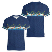 Hawaii Santa Riding Sea Turtle Women V-Neck T-Shirt Mele Kalikimaka Polynesian Pattern - Polynesian Pride