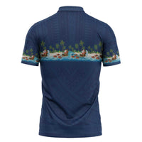 Hawaii Santa Riding Sea Turtle Zipper Polo Shirt Mele Kalikimaka Polynesian Pattern - Polynesian Pride