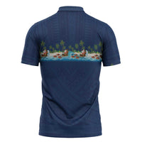 Hawaii Santa Riding Sea Turtle Zipper Polo Shirt Mele Kalikimaka Polynesian Pattern - Polynesian Pride