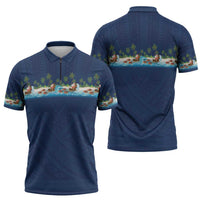 Hawaii Santa Riding Sea Turtle Zipper Polo Shirt Mele Kalikimaka Polynesian Pattern - Polynesian Pride