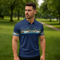 Hawaii Santa Riding Sea Turtle Zipper Polo Shirt Mele Kalikimaka Polynesian Pattern - Polynesian Pride