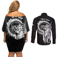 Personalized Hawaii King Kamehameha Couples Matching Off Shoulder Short Dress and Long Sleeve Button Shirt Flag Polynesian Pattern