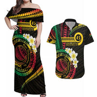 Vanuatu Independence Day Couples Matching Off Shoulder Maxi Dress and Hawaiian Shirt Yumi 46th Hapi Indipendens Dei LT01 Black - Polynesian Pride