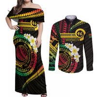 Vanuatu Independence Day Couples Matching Off Shoulder Maxi Dress and Long Sleeve Button Shirt Yumi 46th Hapi Indipendens Dei LT01 Black - Polynesian Pride