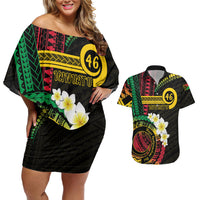 Vanuatu Independence Day Couples Matching Off Shoulder Short Dress and Hawaiian Shirt Yumi 46th Hapi Indipendens Dei LT01 Black - Polynesian Pride