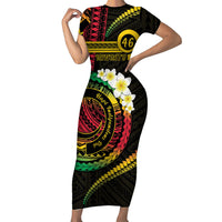 Vanuatu Independence Day Short Sleeve Bodycon Dress Yumi 46th Hapi Indipendens Dei LT01 Long Dress Black - Polynesian Pride