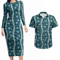 Pikake Maile Tiare Lei Couples Matching Long Sleeve Bodycon Dress and Hawaiian Shirt Polu Lauhala Pattern LT01 Blue - Polynesian Pride