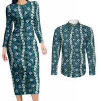 Pikake Maile Tiare Lei Couples Matching Long Sleeve Bodycon Dress and Long Sleeve Button Shirt Polu Lauhala Pattern LT01 Blue - Polynesian Pride