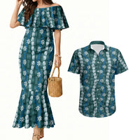 Pikake Maile Tiare Lei Couples Matching Mermaid Dress and Hawaiian Shirt Polu Lauhala Pattern LT01 Blue - Polynesian Pride