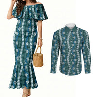 Pikake Maile Tiare Lei Couples Matching Mermaid Dress and Long Sleeve Button Shirt Polu Lauhala Pattern LT01 Blue - Polynesian Pride