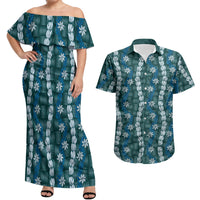 Pikake Maile Tiare Lei Couples Matching Off Shoulder Maxi Dress and Hawaiian Shirt Polu Lauhala Pattern LT01 Blue - Polynesian Pride