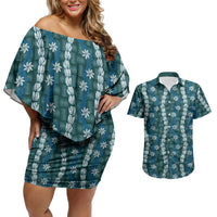 Pikake Maile Tiare Lei Couples Matching Off Shoulder Short Dress and Hawaiian Shirt Polu Lauhala Pattern LT01 Blue - Polynesian Pride