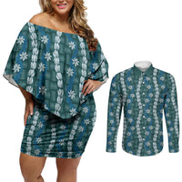 Pikake Maile Tiare Lei Couples Matching Off Shoulder Short Dress and Long Sleeve Button Shirt Polu Lauhala Pattern LT01 Blue - Polynesian Pride