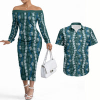 Pikake Maile Tiare Lei Couples Matching Off The Shoulder Long Sleeve Dress and Hawaiian Shirt Polu Lauhala Pattern LT01 Blue - Polynesian Pride